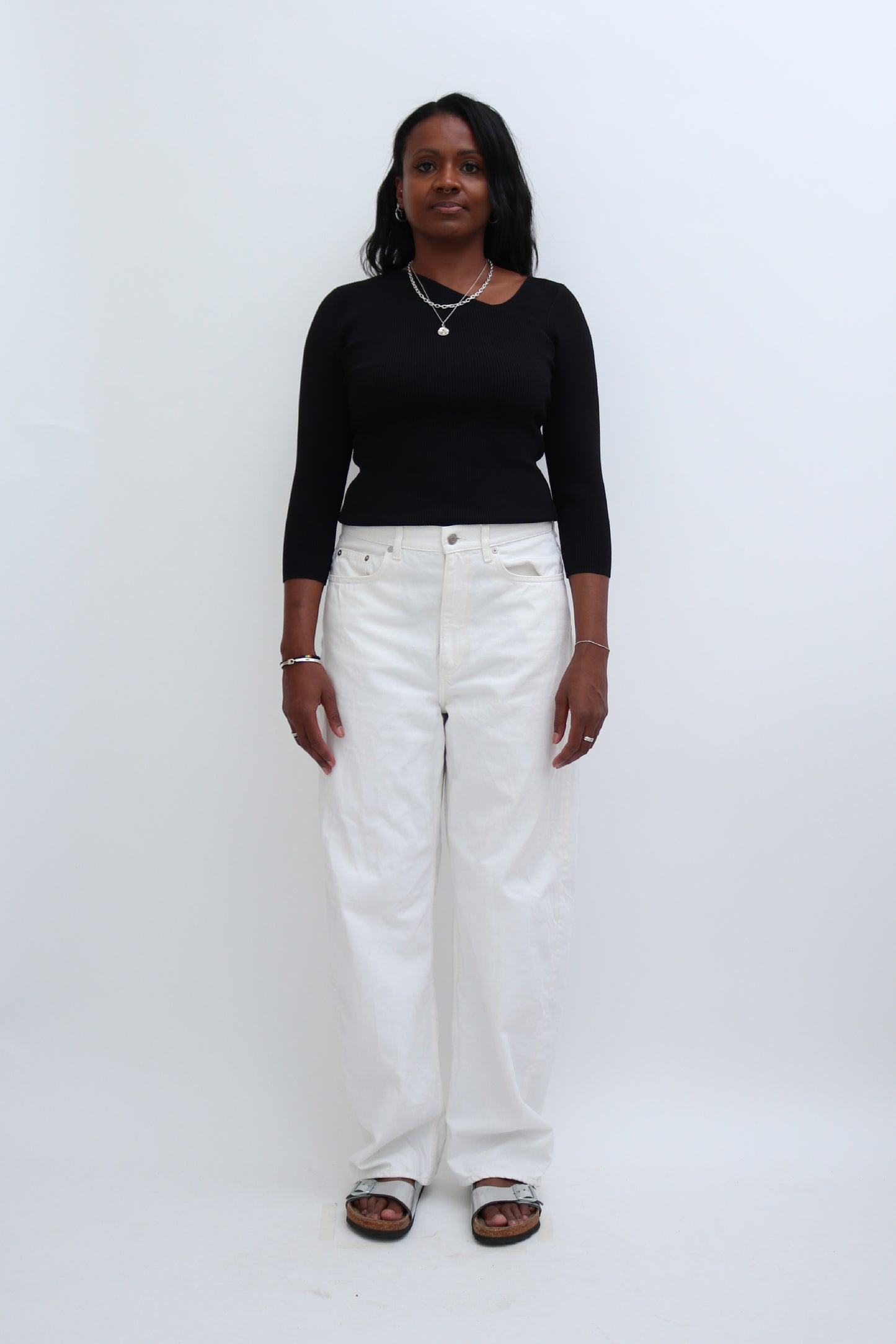 ASYMMETRIC NECK RIBBED LONG SLEEVE TOP