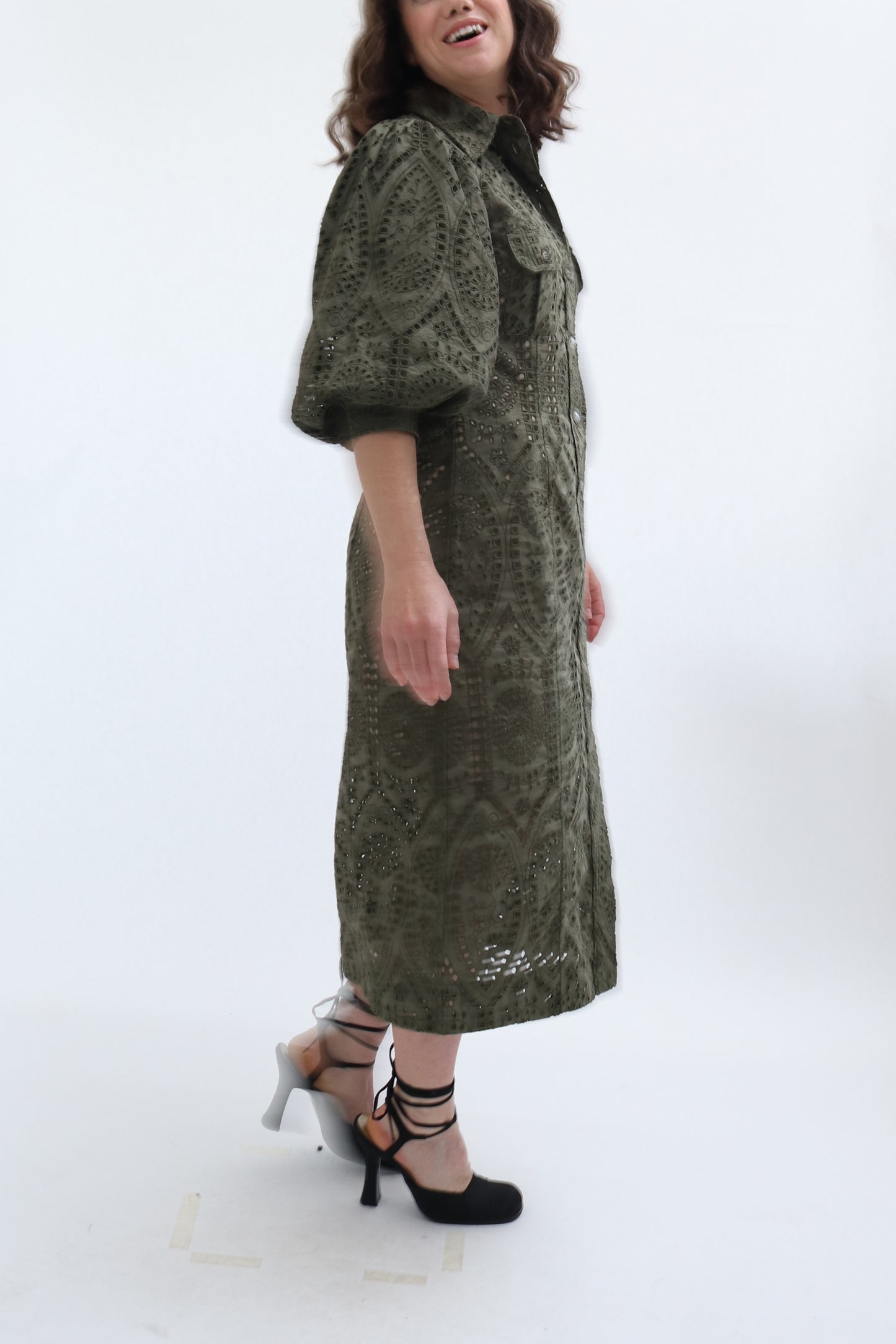 GANNI BRODERIE ANGLAIS COTTON MIDI SHIRT DRESS