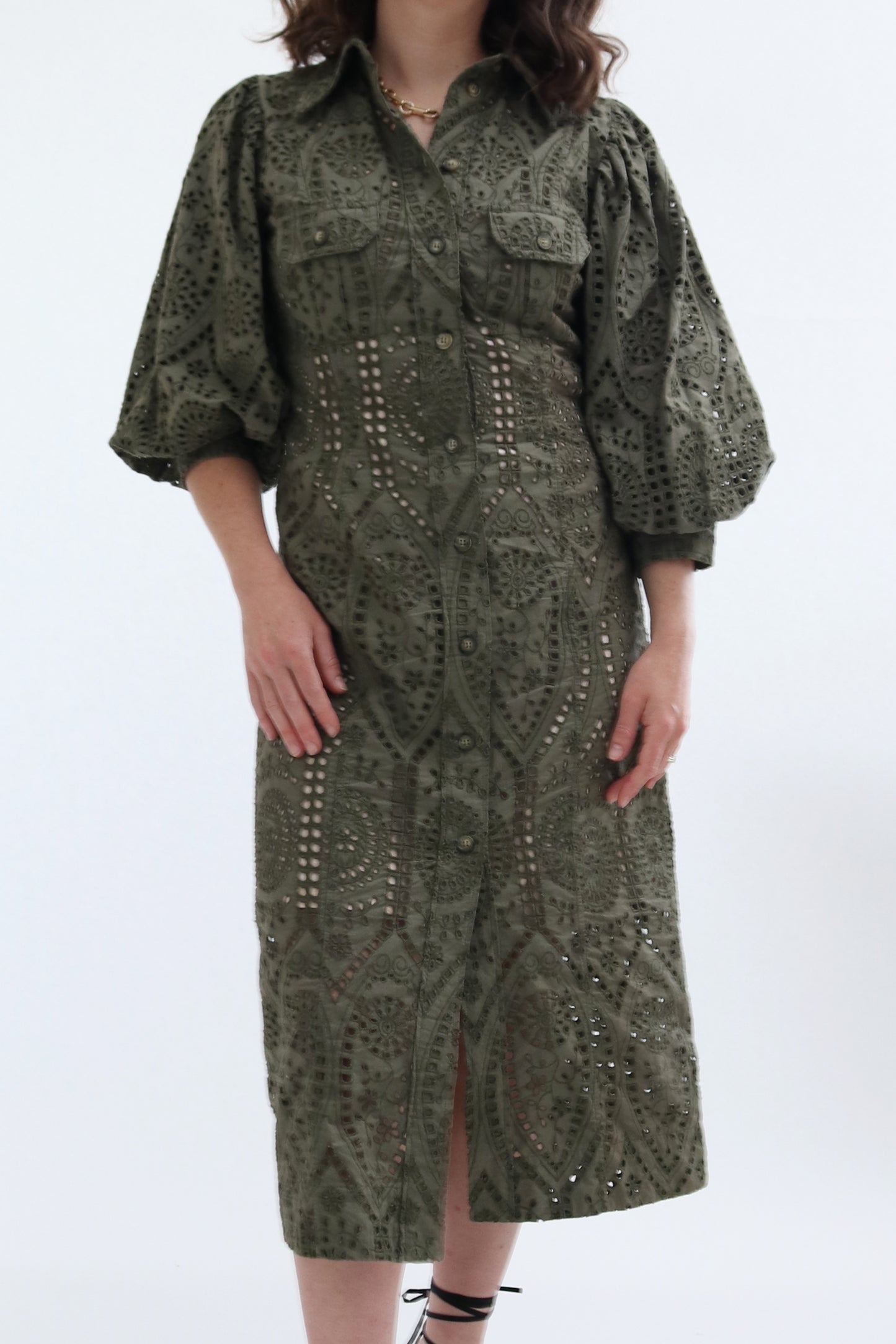 GANNI BRODERIE ANGLAIS COTTON MIDI SHIRT DRESS