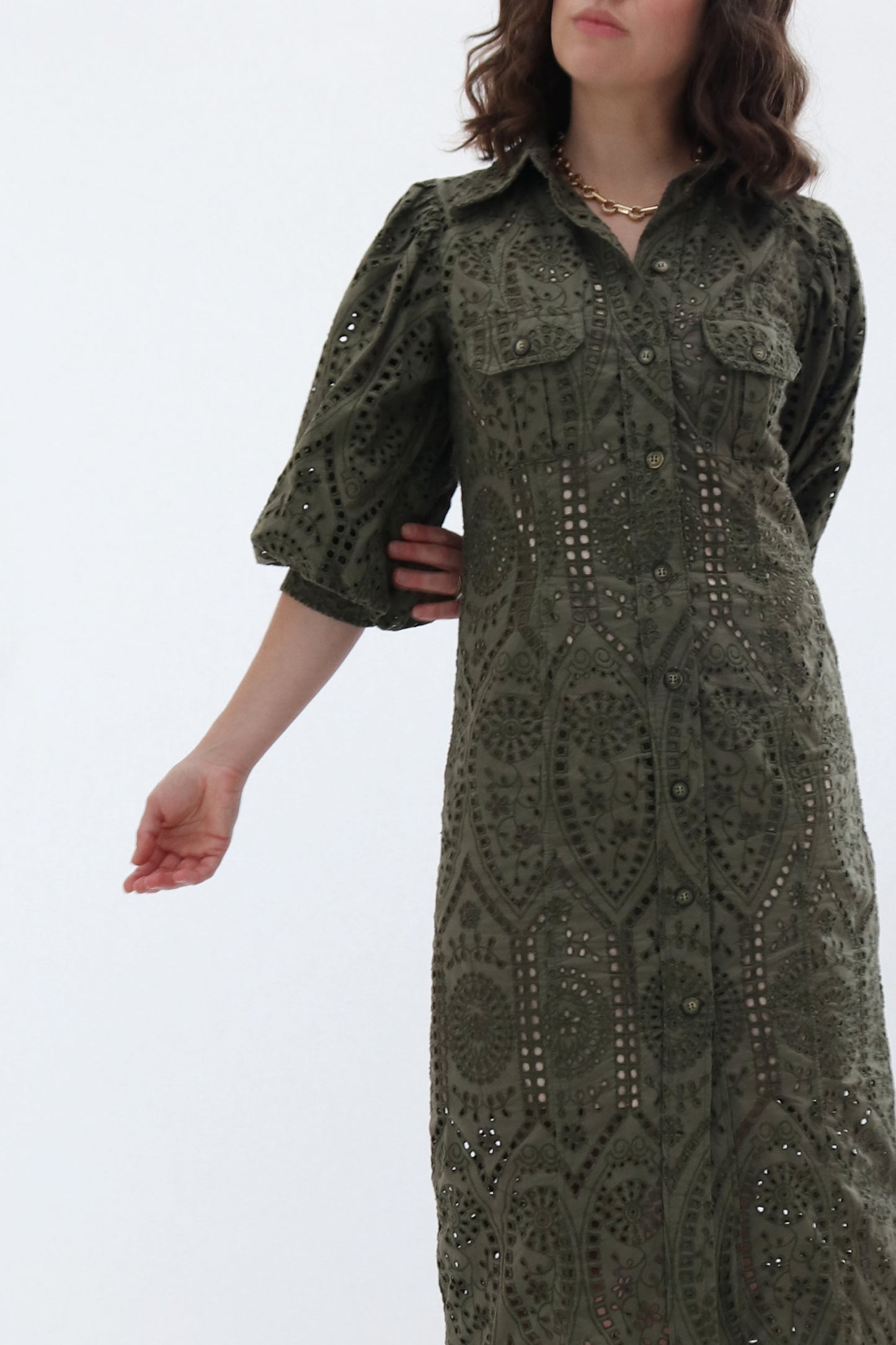 GANNI BRODERIE ANGLAIS COTTON MIDI SHIRT DRESS