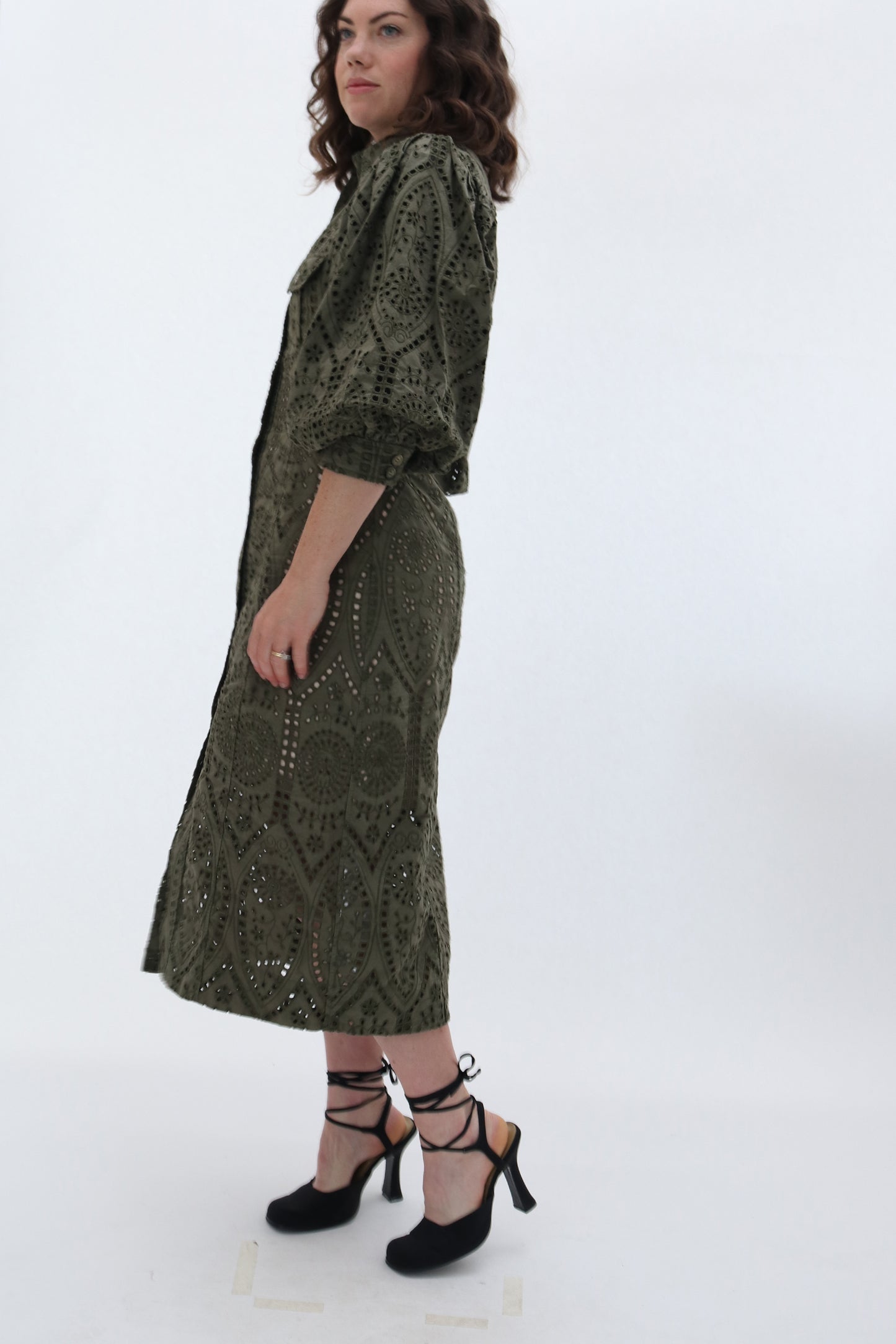 GANNI BRODERIE ANGLAIS COTTON MIDI SHIRT DRESS