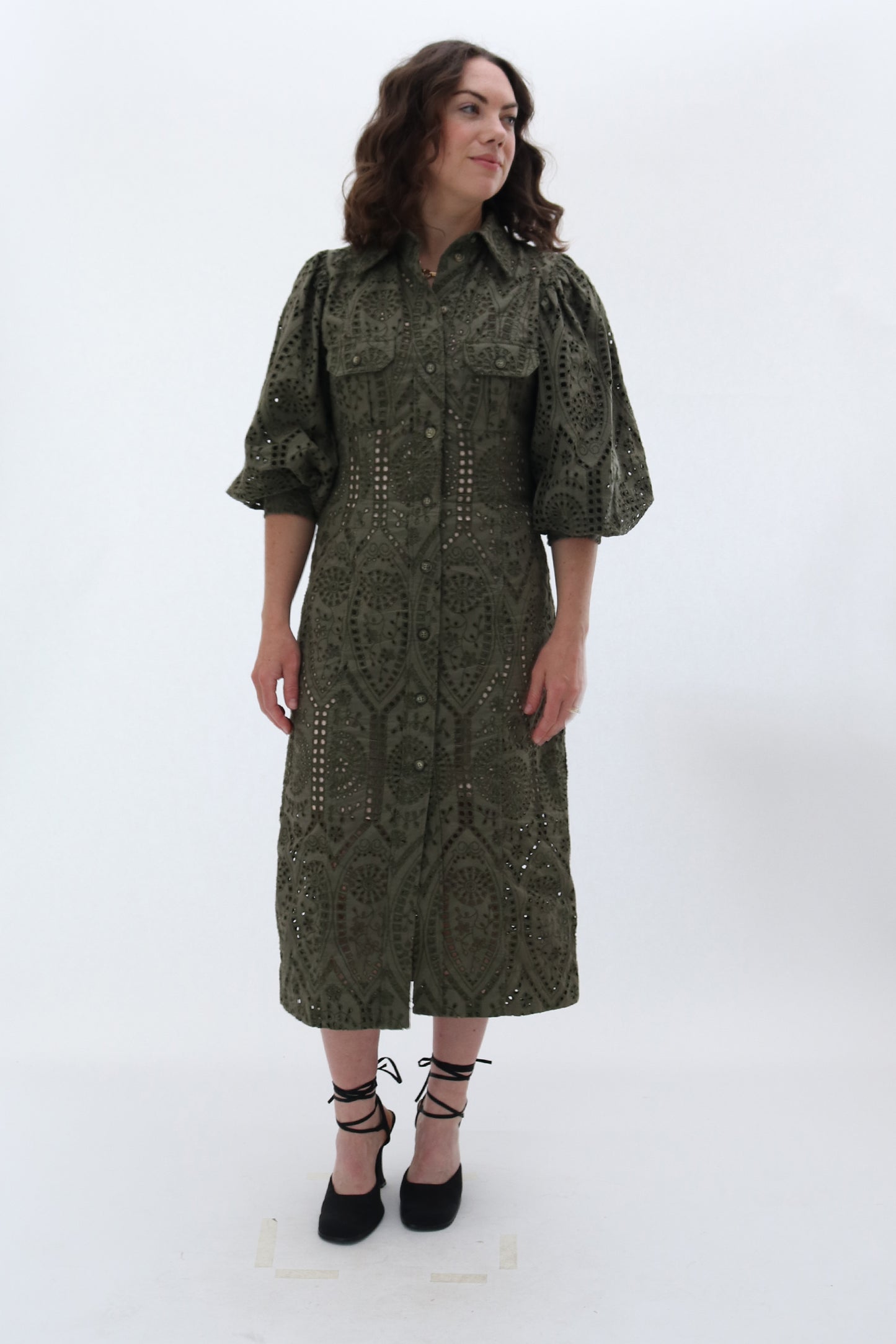 GANNI BRODERIE ANGLAIS COTTON MIDI SHIRT DRESS