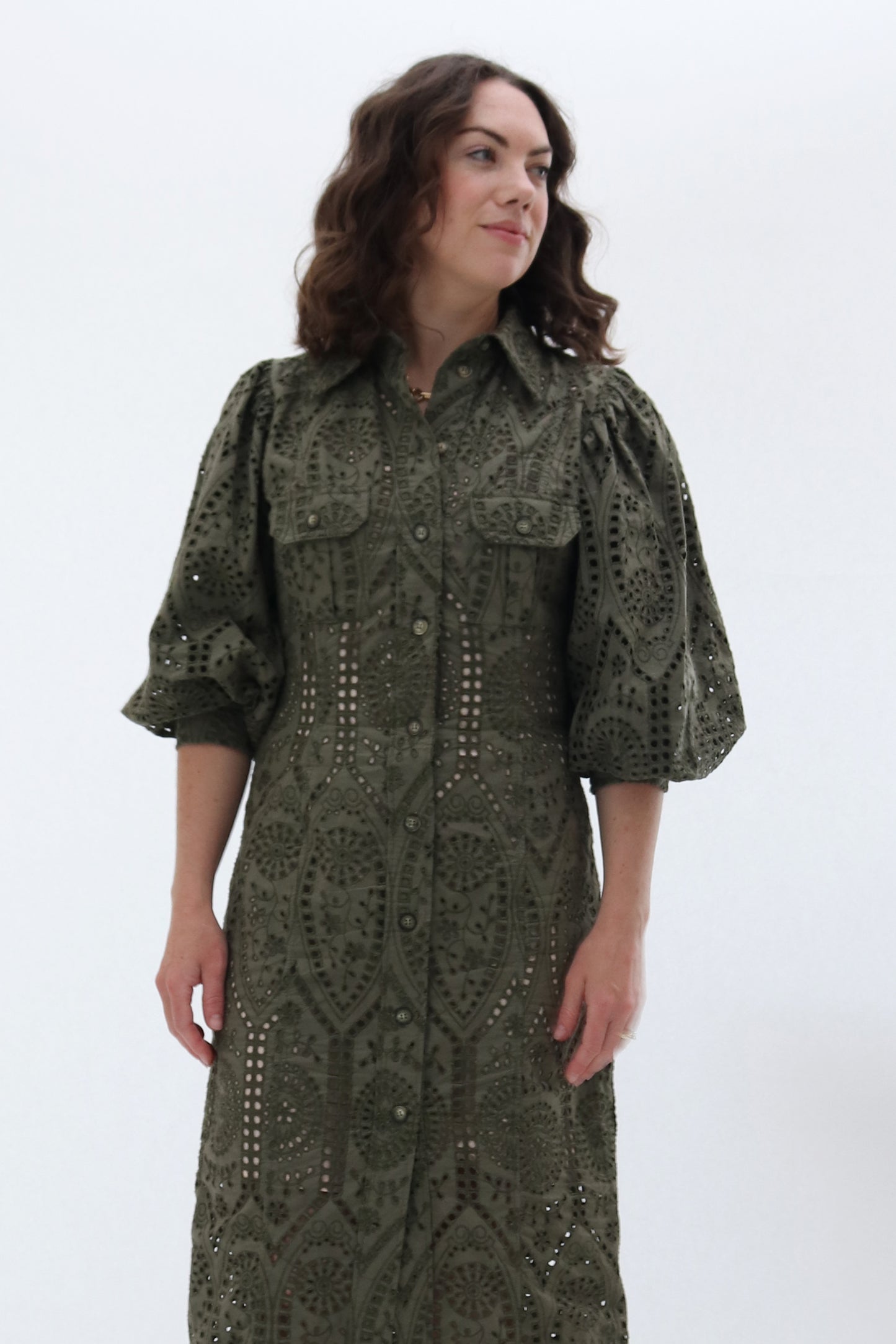GANNI BRODERIE ANGLAIS COTTON MIDI SHIRT DRESS