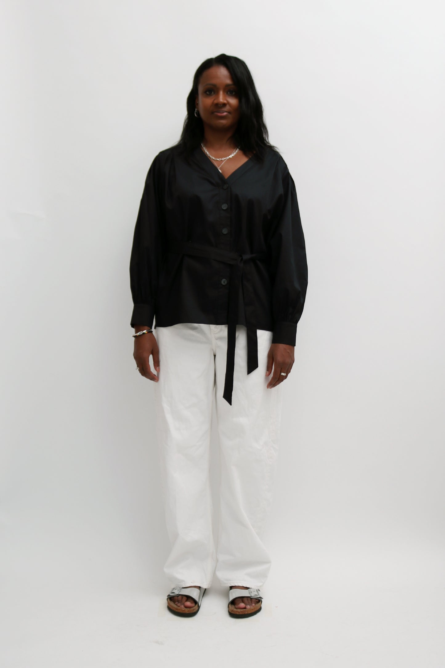 BUTTON FRONT TIE-WAIST BLOUSE