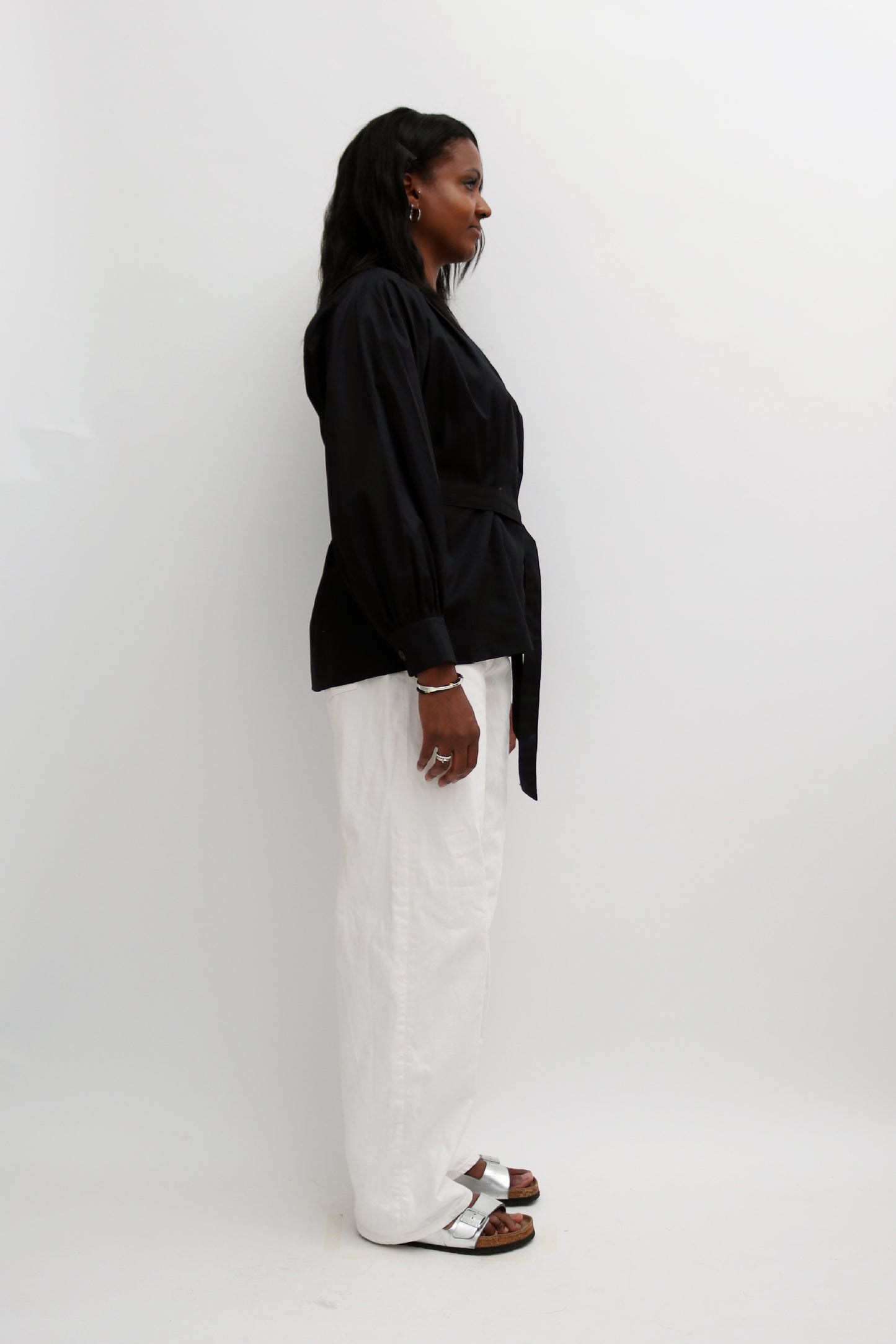 BUTTON FRONT TIE-WAIST BLOUSE