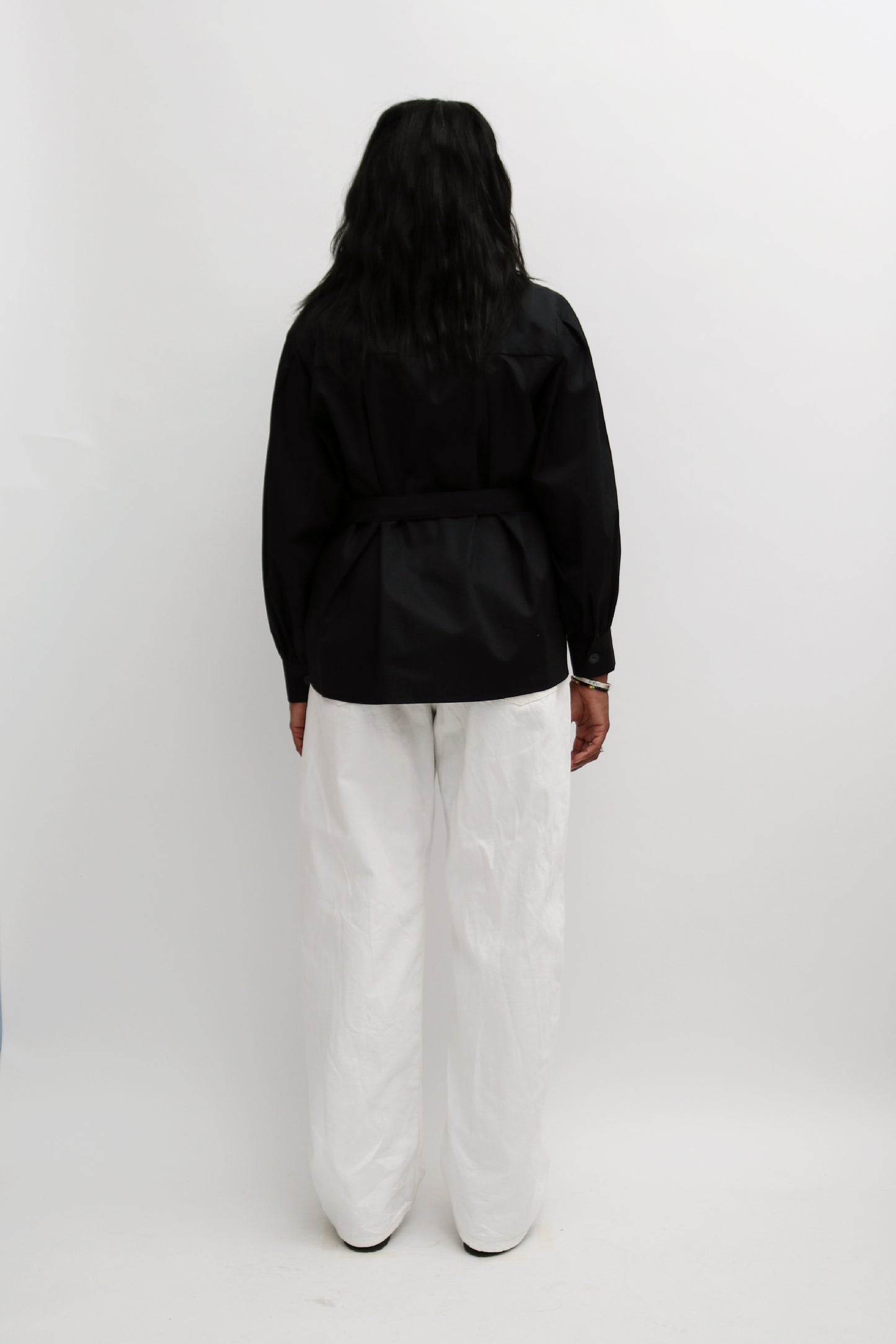 BUTTON FRONT TIE-WAIST BLOUSE