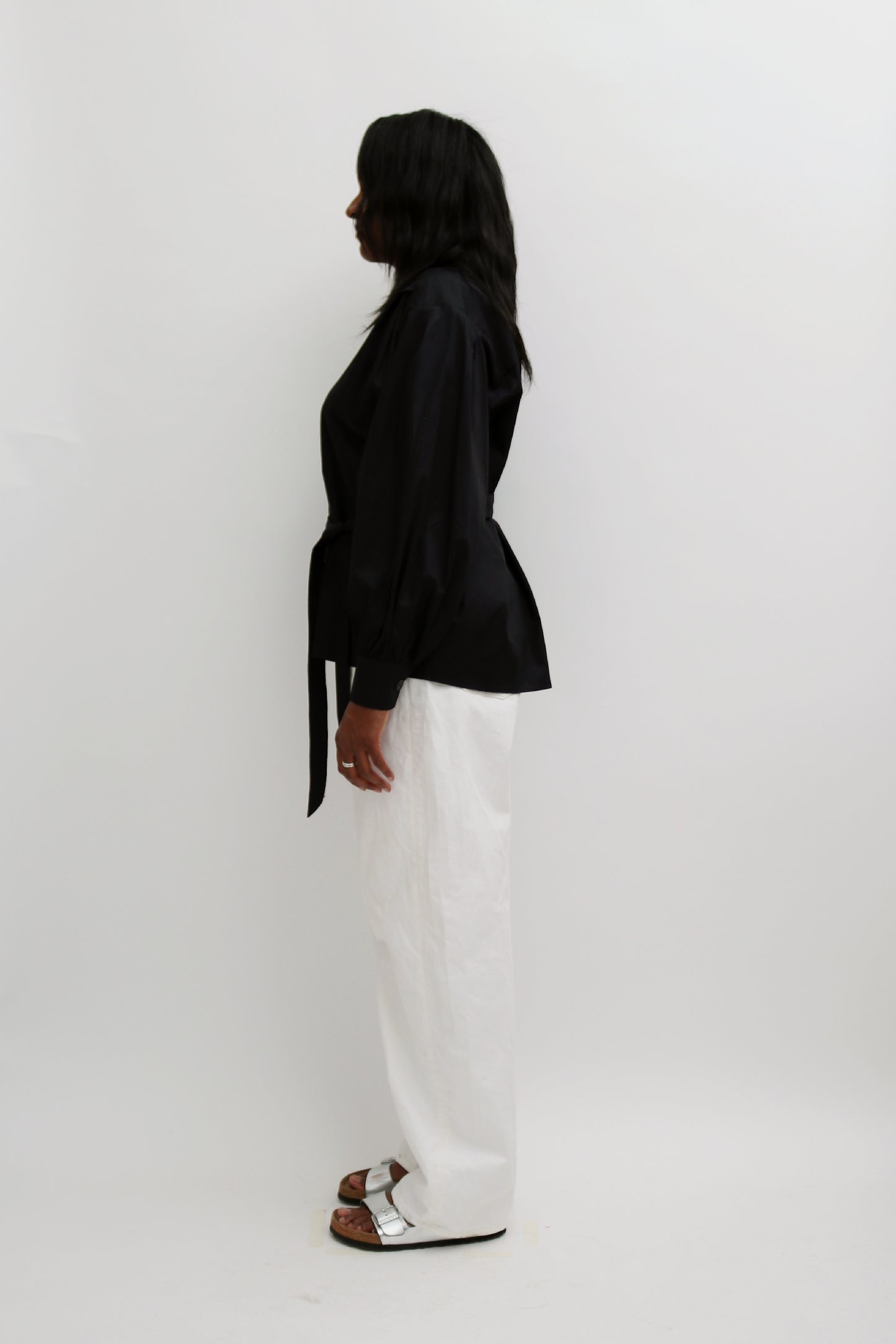 BUTTON FRONT TIE-WAIST BLOUSE