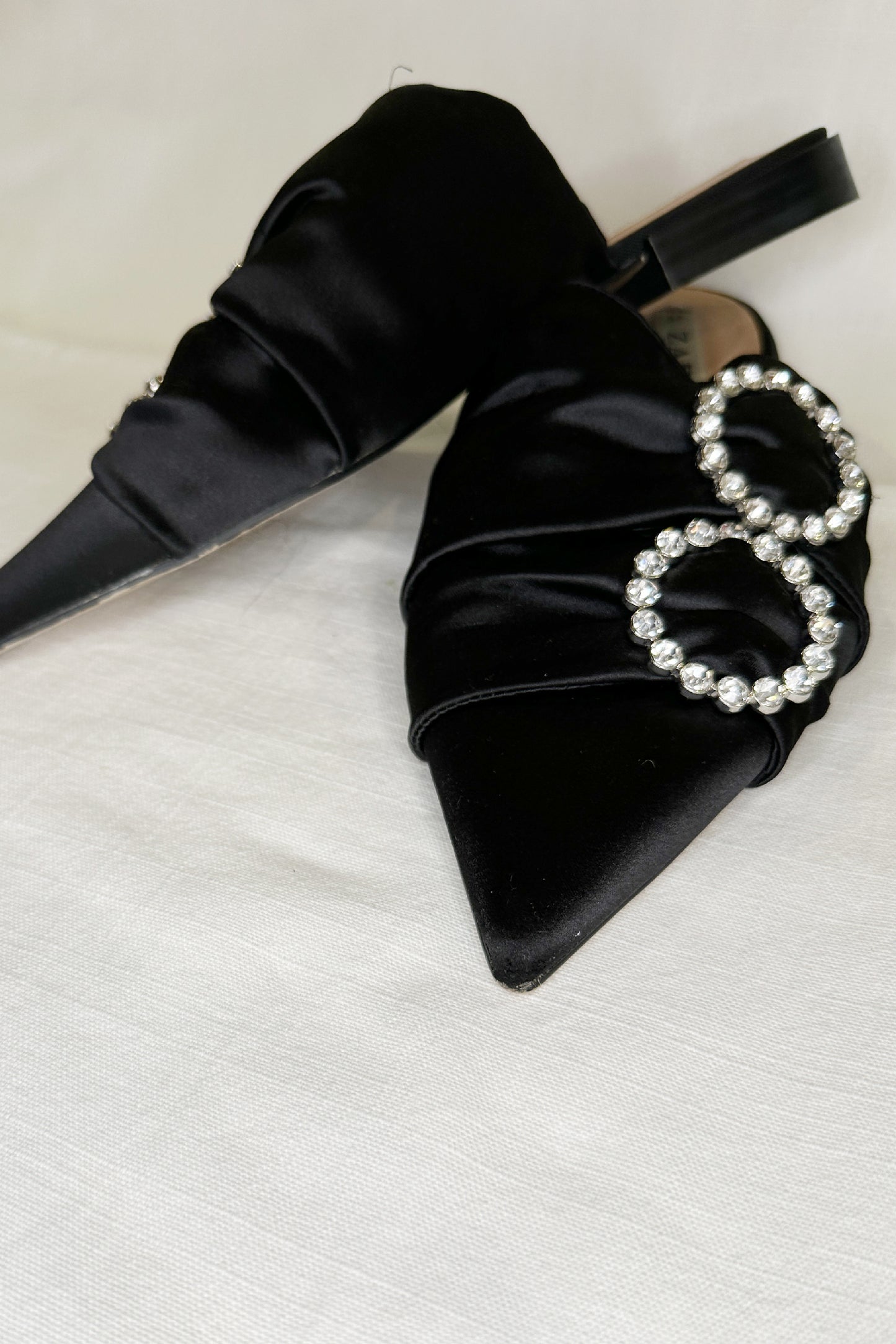 SATIN CRYSTAL BUCKLE MULES