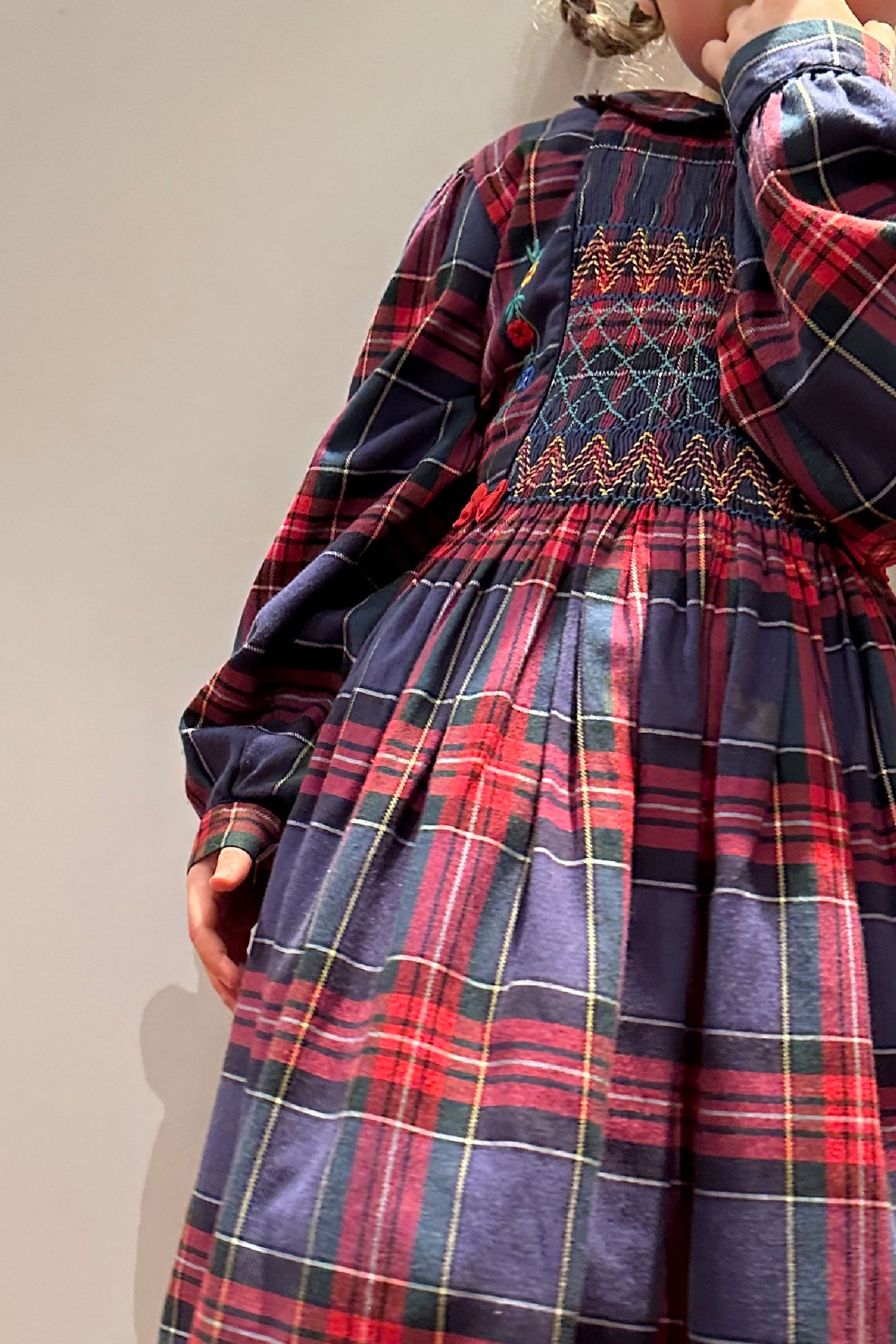 MINI: VINTAGE TARTAN EMBROIDERED SMOCKED DRESS