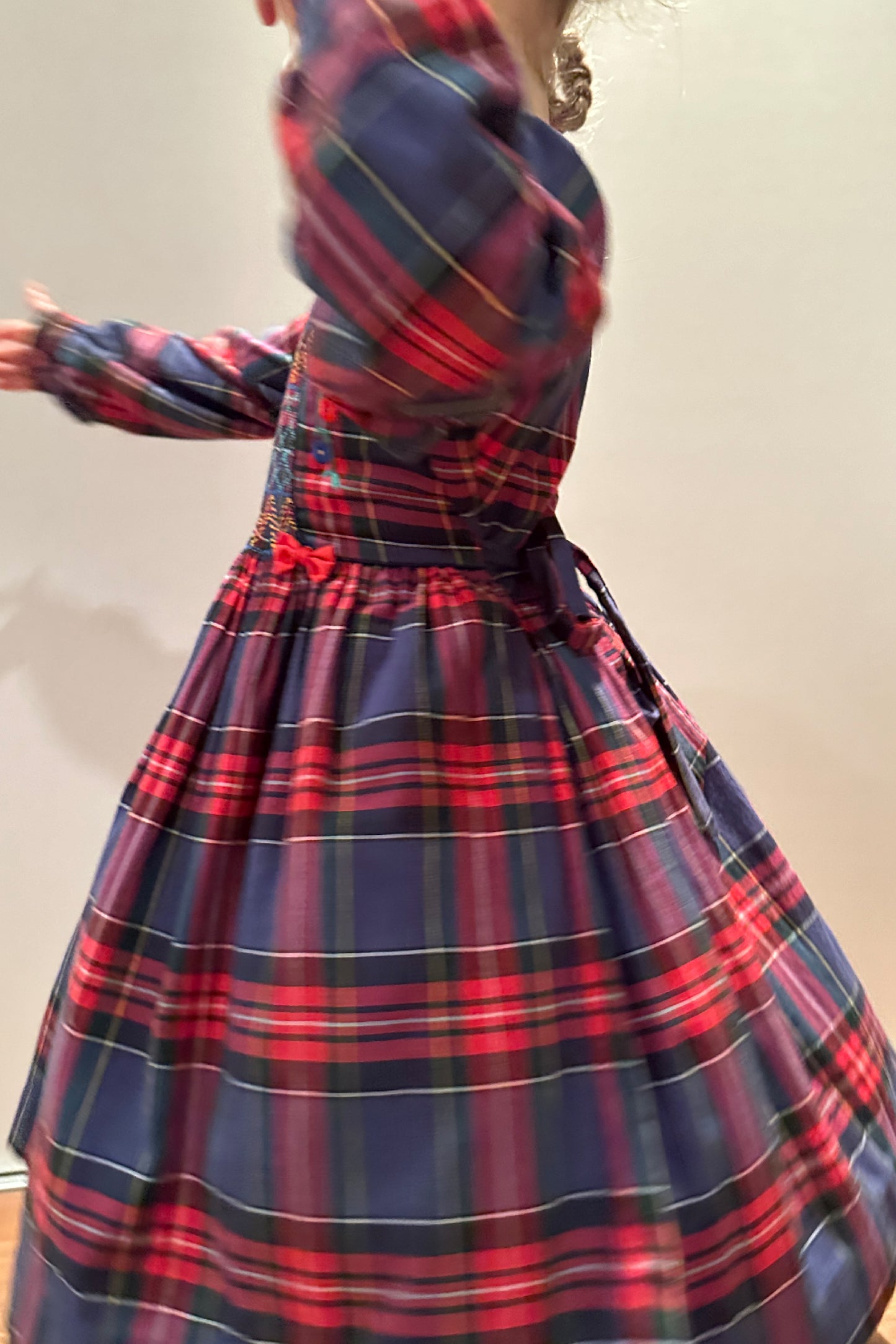 MINI: VINTAGE TARTAN EMBROIDERED SMOCKED DRESS