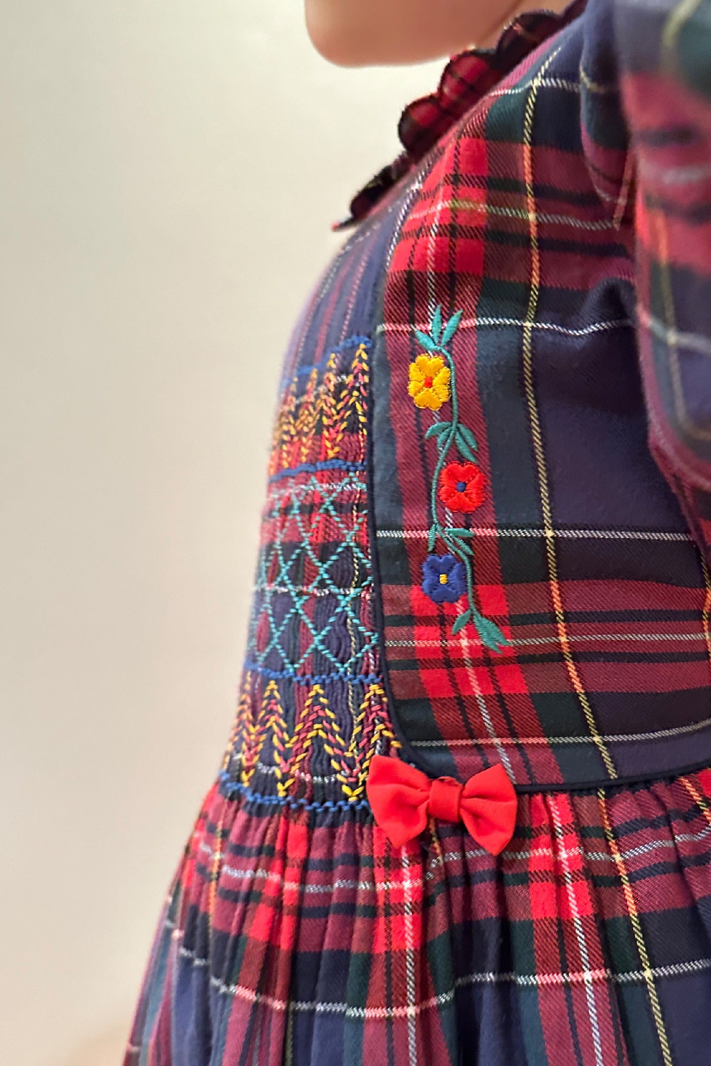 MINI: VINTAGE TARTAN EMBROIDERED SMOCKED DRESS