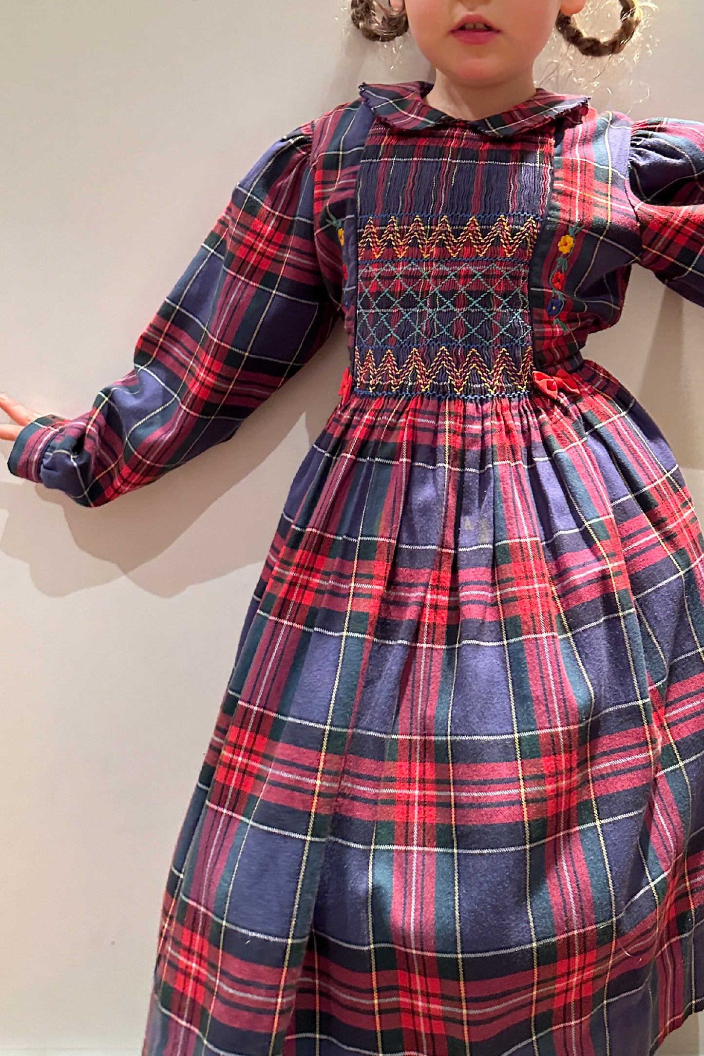 MINI: VINTAGE TARTAN EMBROIDERED SMOCKED DRESS