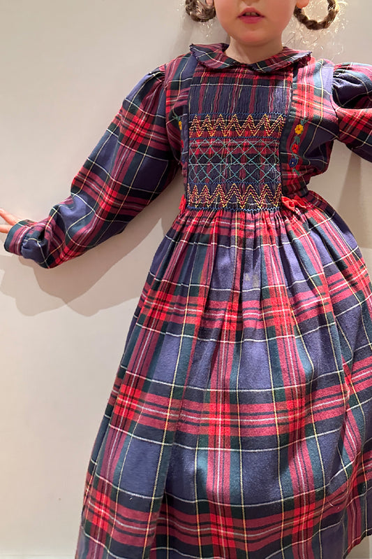 MINI: VINTAGE TARTAN EMBROIDERED SMOCKED DRESS
