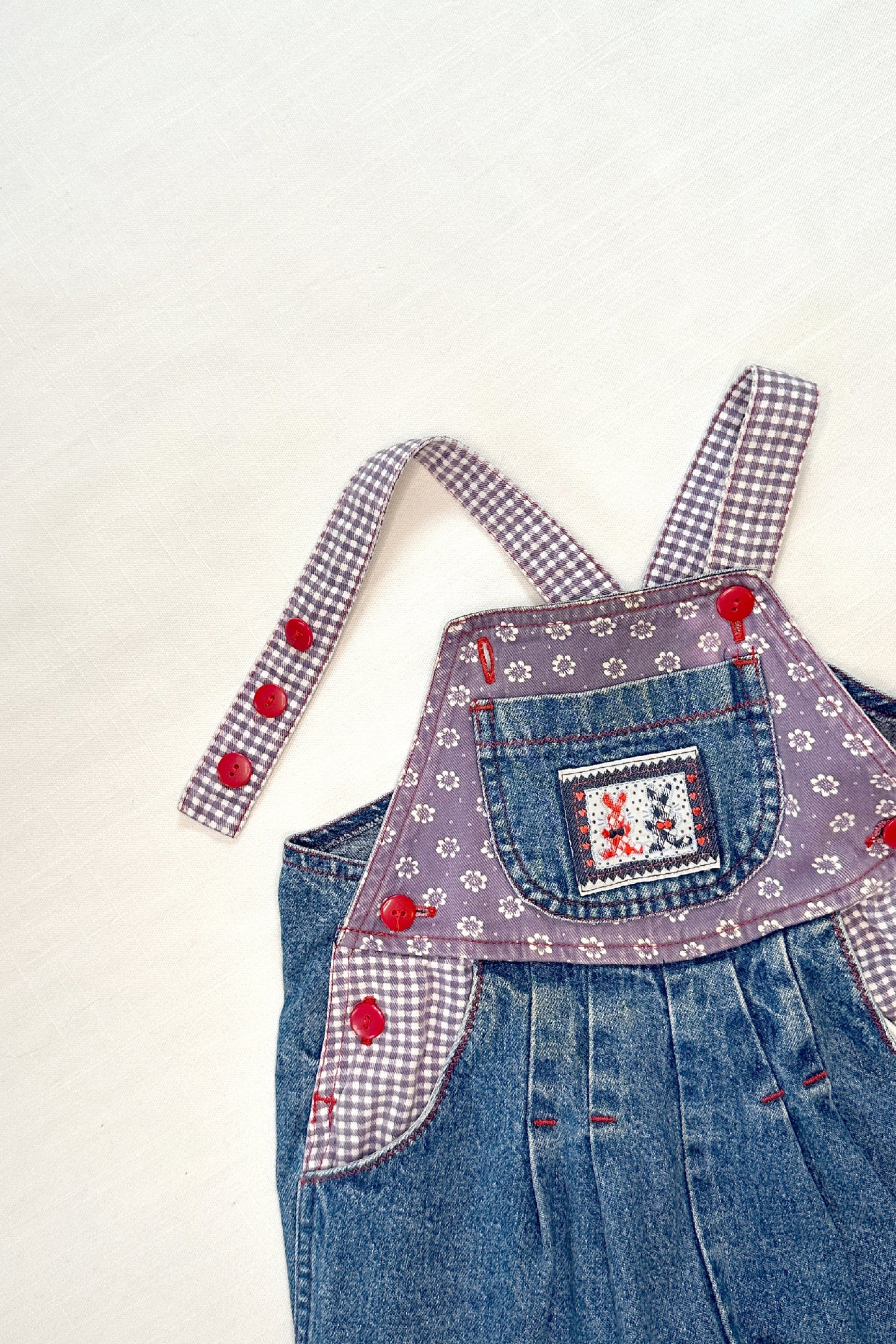 MINI: 90S VINTAGE BUBBLE DUNGAREE WITH PURPLE FLORAL AND GINGHAM PATCHES