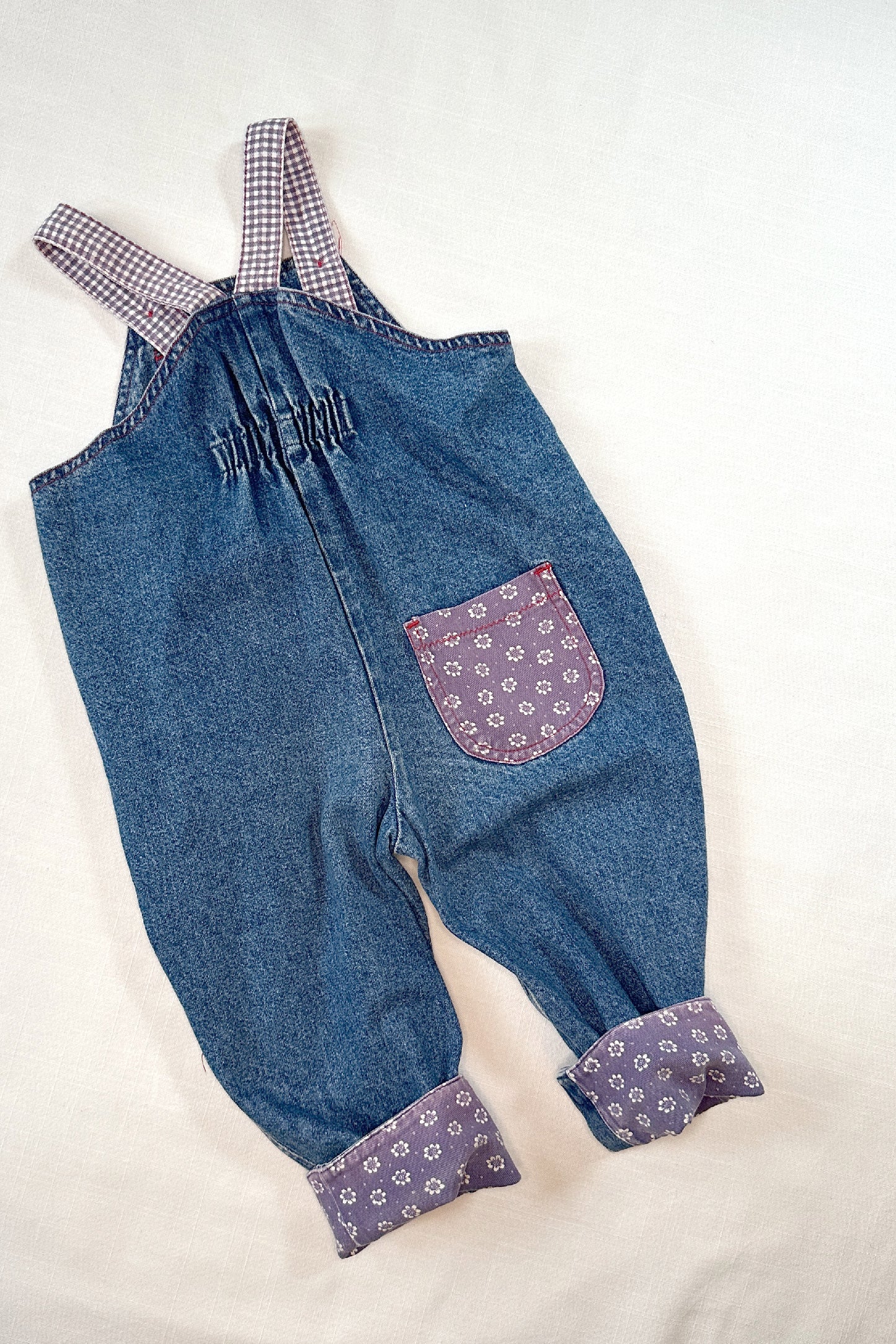 MINI: 90S VINTAGE BUBBLE DUNGAREE WITH PURPLE FLORAL AND GINGHAM PATCHES