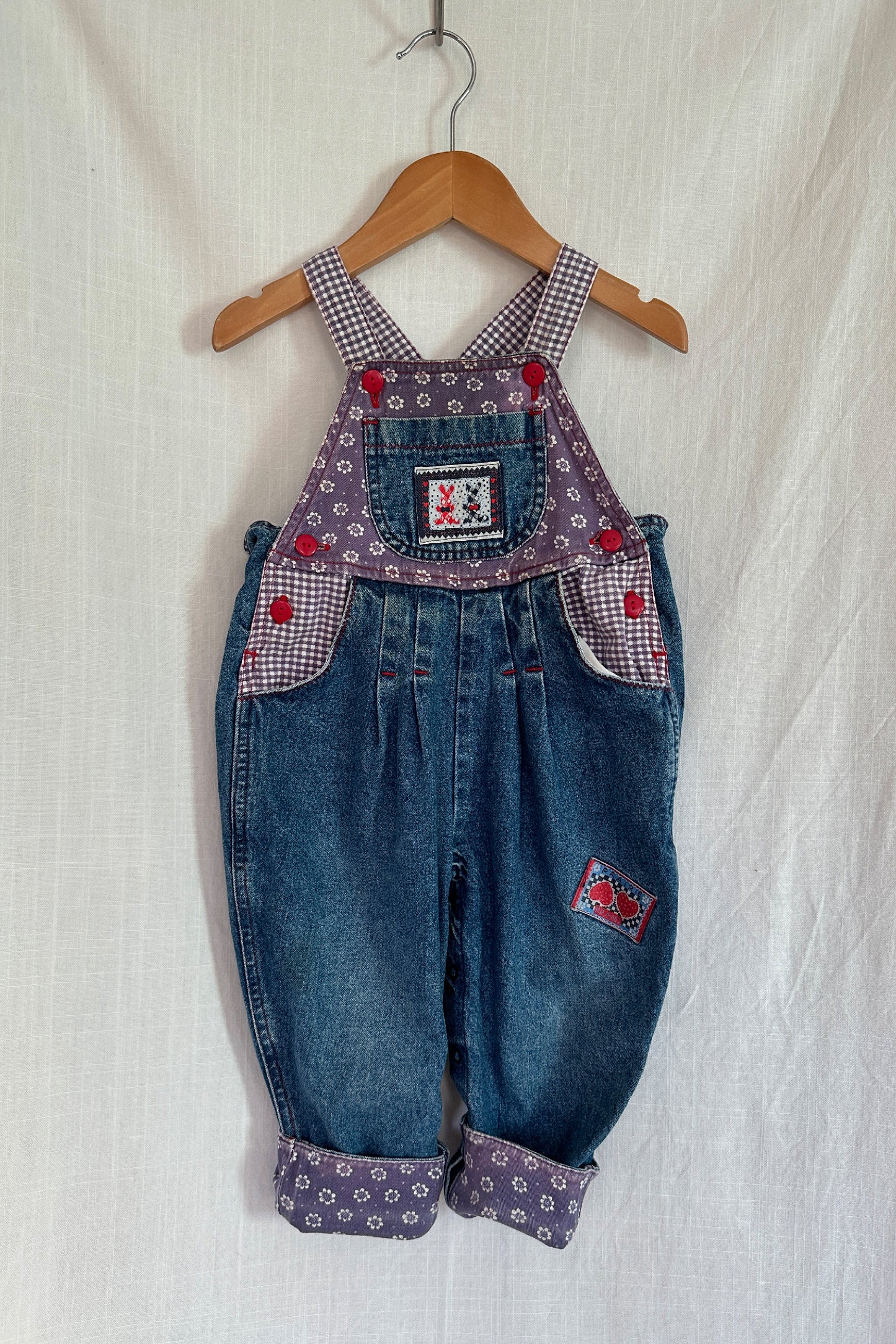 MINI: 90S VINTAGE BUBBLE DUNGAREE WITH PURPLE FLORAL AND GINGHAM PATCHES