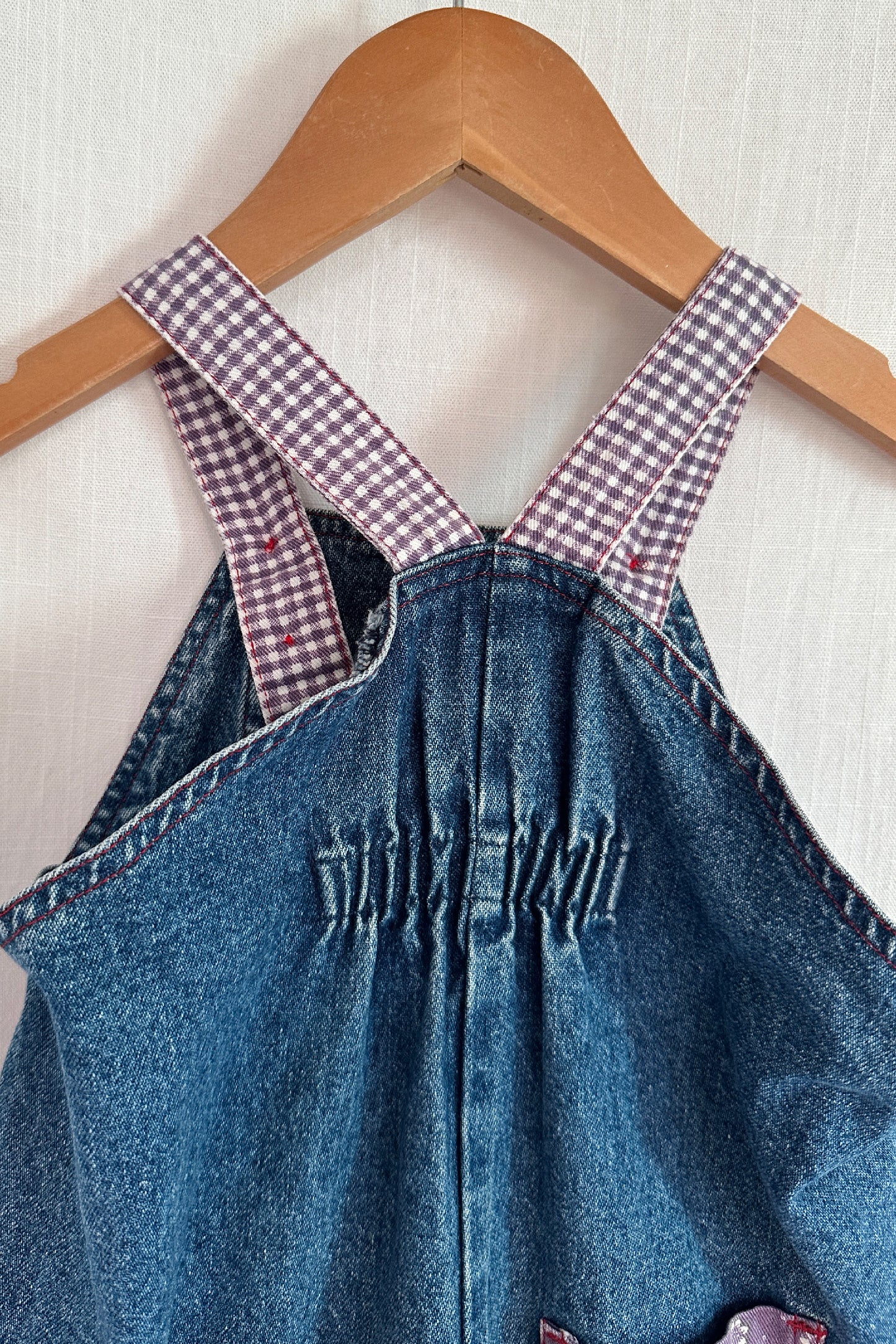 MINI: 90S VINTAGE BUBBLE DUNGAREE WITH PURPLE FLORAL AND GINGHAM PATCHES