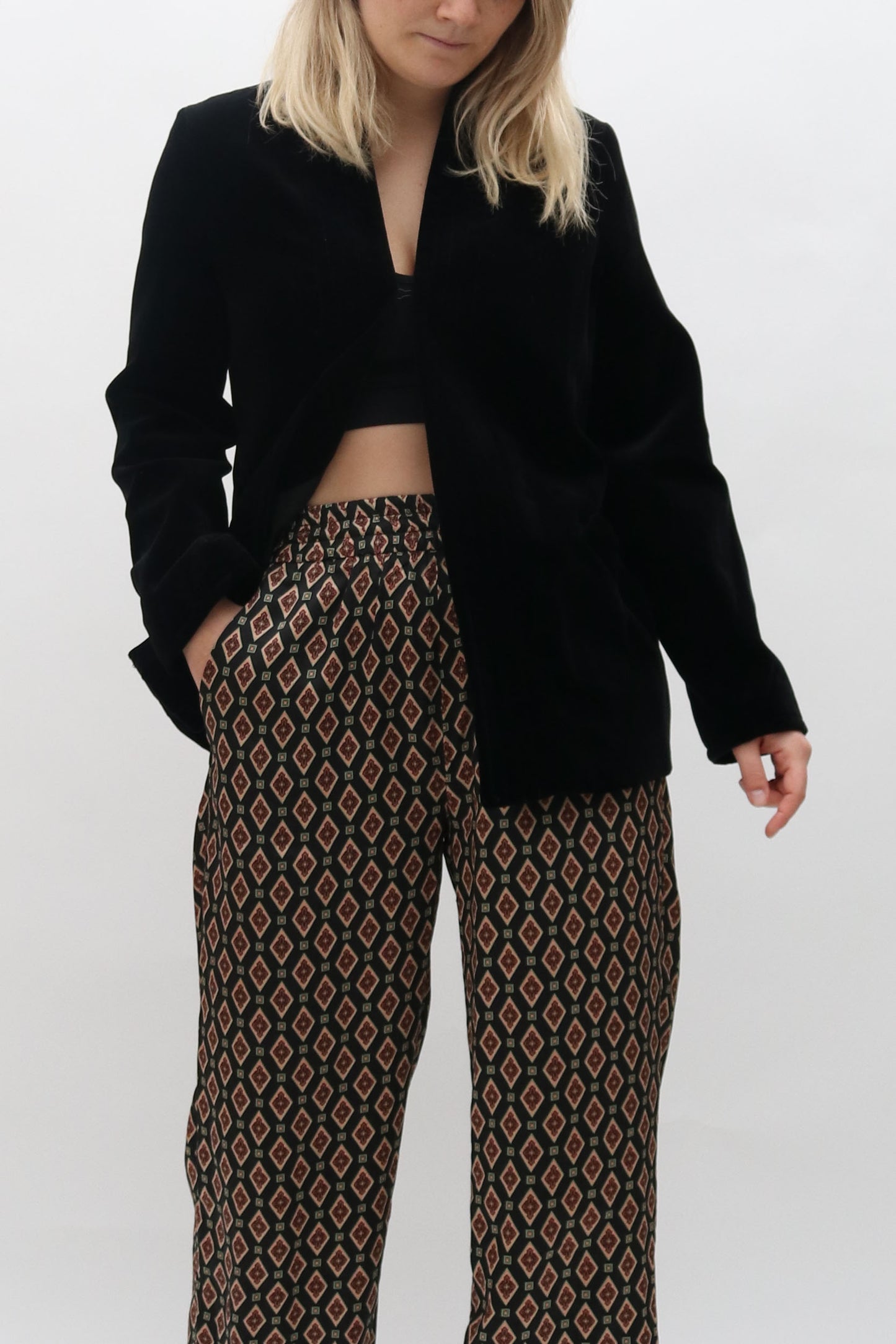Vintage Topstitched Velvet Open Blazer