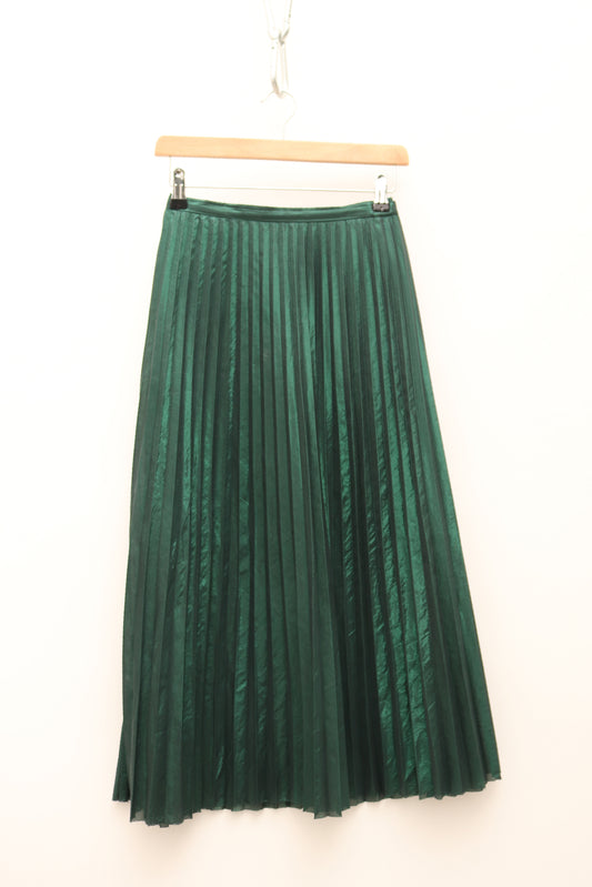 Metallic Pleated Emerald Midi Skirt