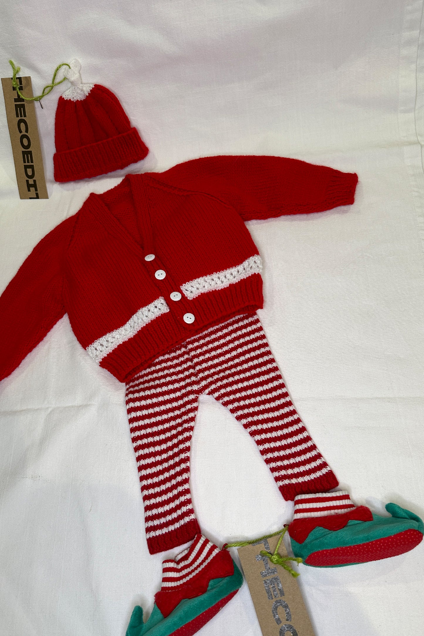 MINI: HAND-KNITTED RED AND WHITE CARDIGAN WITH BEANIE