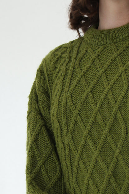 VINTAGE OLIVE GREEN CABLE KNIT ARAN SWEATER