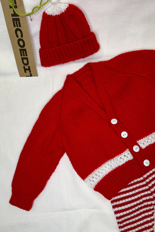 MINI: HAND-KNITTED RED AND WHITE CARDIGAN WITH BEANIE