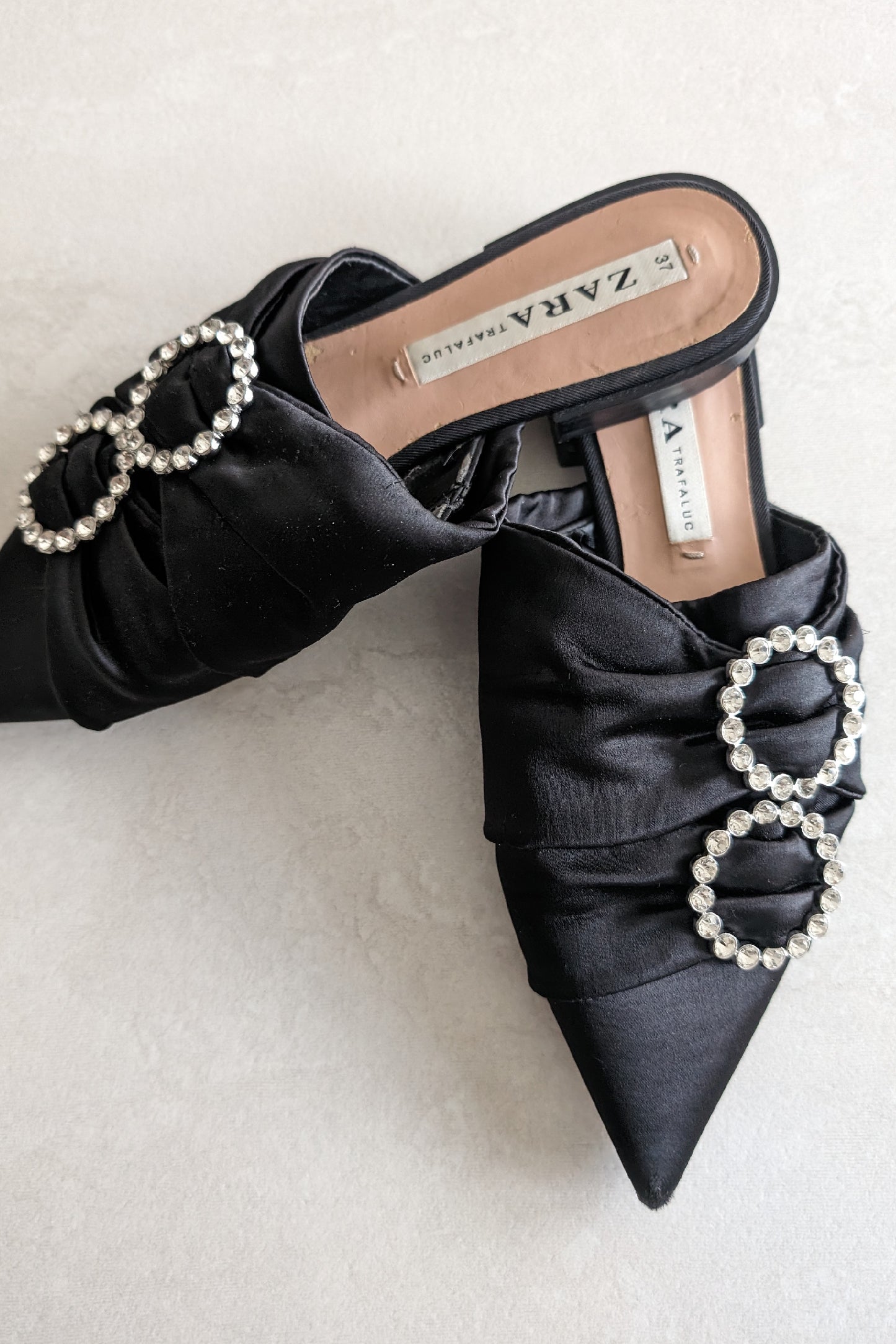 SATIN CRYSTAL BUCKLE MULES