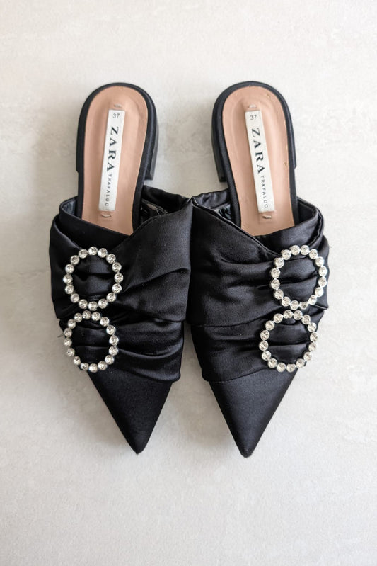 SATIN CRYSTAL BUCKLE MULES
