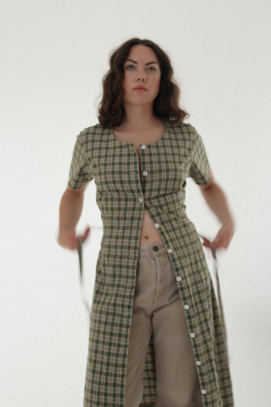 VINTAGE CHECKED MIDI BUTTON FRONT DRESS