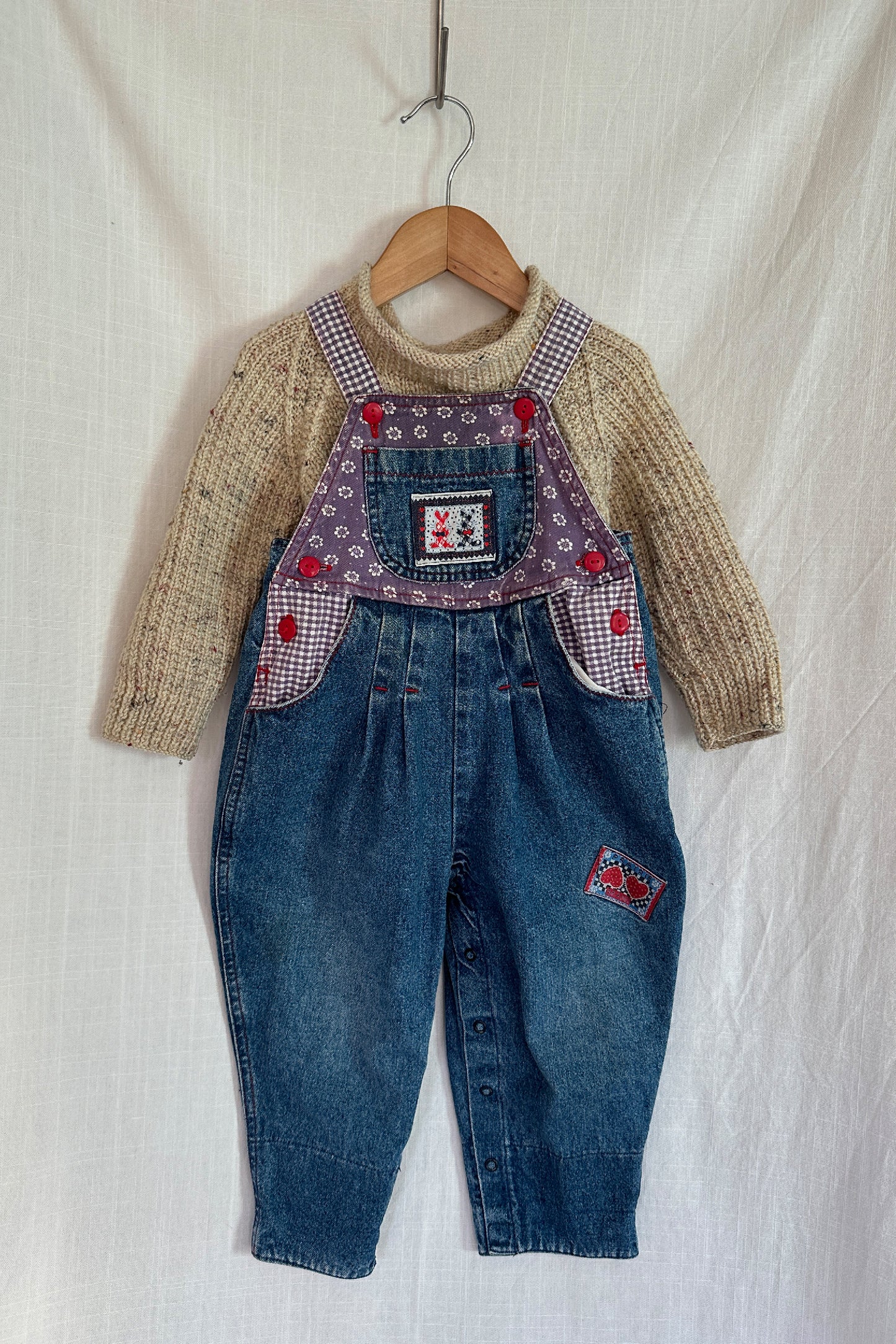 MINI: 90S VINTAGE BUBBLE DUNGAREE WITH PURPLE FLORAL AND GINGHAM PATCHES